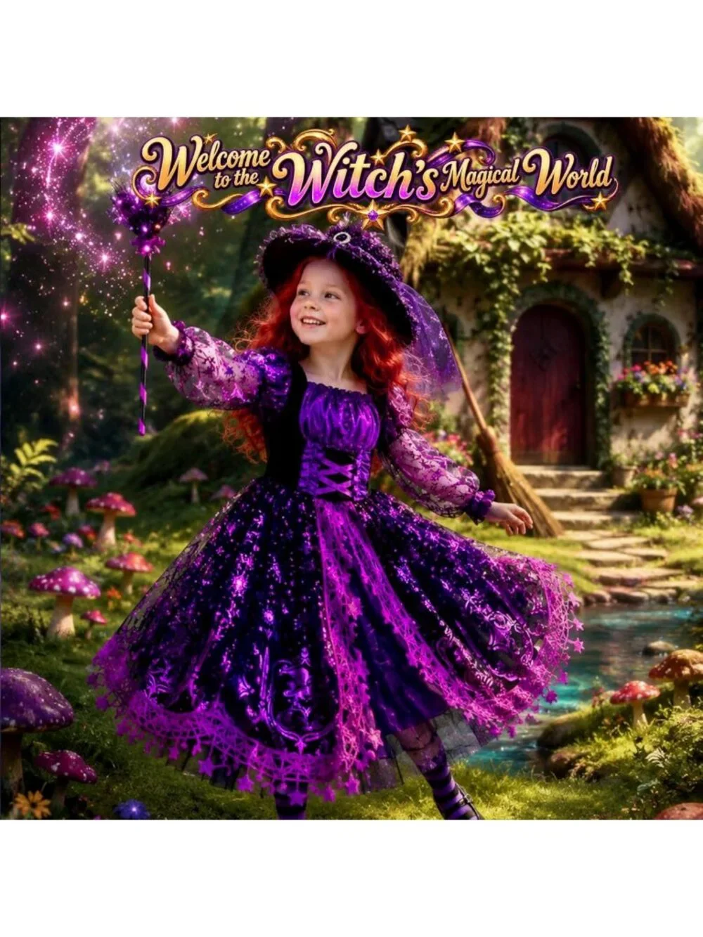 Light Up Witch Costume for Girls, Spooky Halloween Outfit for Kids 3-10